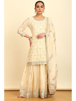 Soch - Women's Cream Viscose Mirror Work Kurta with Palazzo & Dupatta (Set of 3)