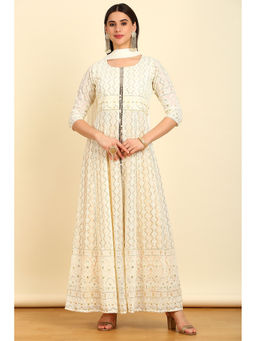 Soch - Women's Cream Viscose Sequins Work Kurta with Palazzo & Dupatta (Set of 3)
