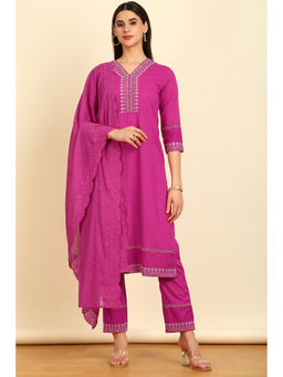 Soch - Women's Magenta Cutdana Cotton Kurta & Pant with Dupatta (Set of 3)