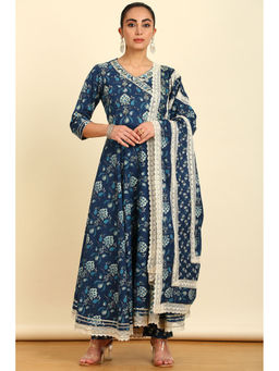 Soch - Women's Blue Cotton Print Angarkha Kurta with Pant & Dupatta (Set of 3)