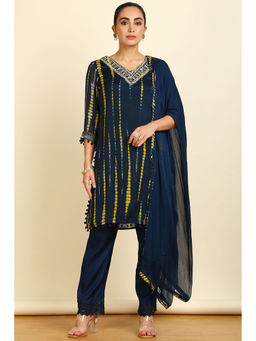 Soch - Women's Blue Viscose Print Sequins Kurta & Pant with Dupatta (Set of 3)
