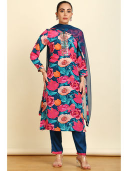 Soch - Women's Teal Viscose Floral Print Mirror Kurta & Pant with Dupatta (Set of 3)