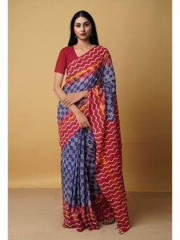 Unnati Silks - Navy Blue Maroon Summer Bangalore Soft Silk Saree with Unstitched Blouse