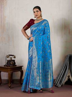 Sethnic Lifestyle - Makhmalki Silk Woven Minakari Blue Saree with Unstitched Blouse
