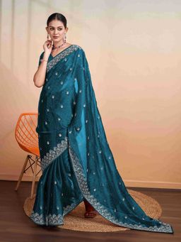 Sethnic Lifestyle - Burberry Chiffon Embroidered Teal Saree with Unstitched Blouse