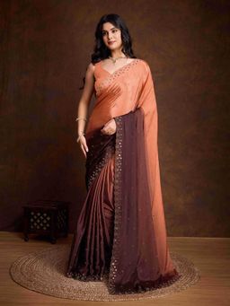 Sethnic Lifestyle - Ombre Chinon Mirror Work Brown Saree with Unstitched Blouse