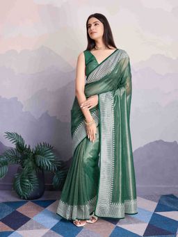 Sethnic Lifestyle - Twill Net Embroidered Green Saree with Unstitched Blouse