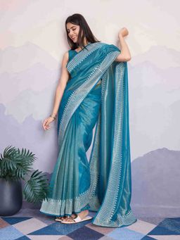 Sethnic Lifestyle - Twill Net Embroidered Blue Saree with Unstitched Blouse