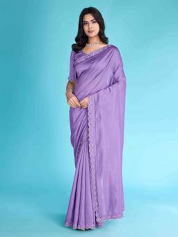 Sethnic Lifestyle - Vichitra Slub Zarkan & Pearl Work Lavender Saree with Unstitched Blouse