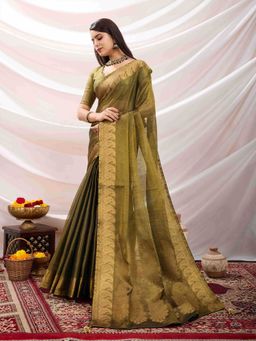 Sethnic Lifestyle - Linen Woven Partywear Green Saree with Unstitched Blouse