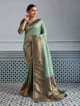 Sethnic Lifestyle - Kanjivaram Silk Soft Chap Dyed Minakari Blue Saree with Unstitched Blouse