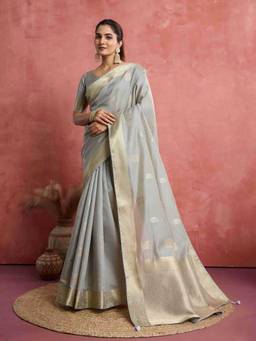 Sethnic Lifestyle - Soft Lichi Linen Self Woven Grey Saree with Unstitched Blouse