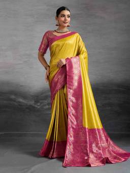 Sethnic Lifestyle - Chap Dyed Soft Kanjivaram Silk Mustard Saree with Unstitched Blouse