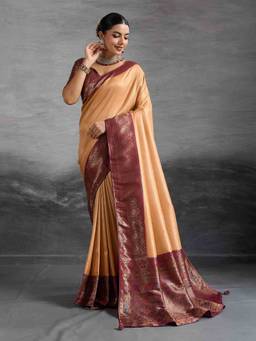 Sethnic Lifestyle - Chap Dyed Soft Kanjivaram Silk Peach Saree with Unstitched Blouse