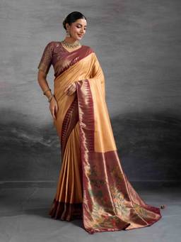 Sethnic Lifestyle - Chap Dyed Soft Kanjivaram Peach Silk Saree with Unstitched Blouse