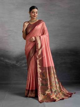 Sethnic Lifestyle - Chap Dyed Soft Kanjivaram Pink Silk Saree with Unstitched Blouse