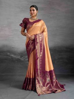 Sethnic Lifestyle - Chap Dyed Soft Kanjivaram Peach Silk Saree with Unstitched Blouse