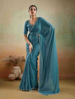 Sethnic Lifestyle - Georgette Blue Saree with Unstitched Blouse