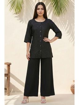 Aurelia - Women's Black Thread Embroidered Shantung Straight Kurti