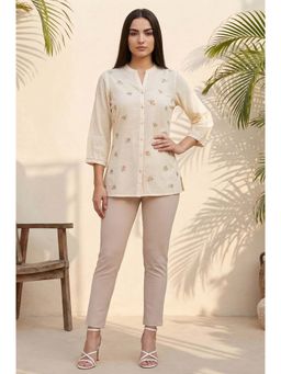 Aurelia - Women's Beige Thread Embroidered Pure Cotton Straight Kurti