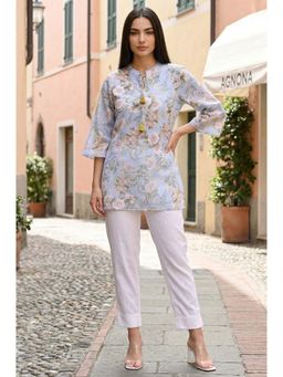 Aurelia - Women's Blue Floral Printed Tassel Straight Kurti