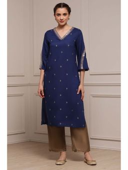 Biba - Blue Embroidered Straight Kurta