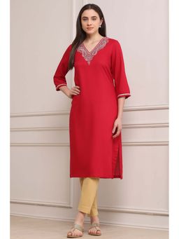 Biba - Red Embroidered Straight Kurta