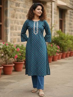 Varanga - Teal Printed Regular Kurta