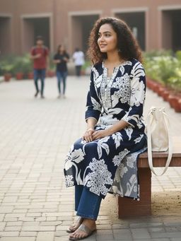 Varanga - Navy Blue Floral Regular Kurta