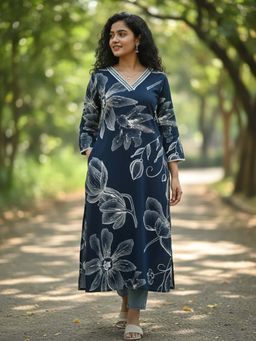 Varanga - Navy Blue Floral Regular Kurta