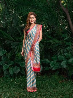 Beatitude - Blue Grey Striped Satin Saree with Unstitched Blouse