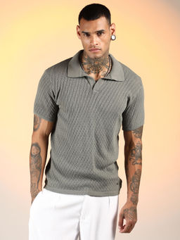 Campus Sutra - Men'S Ash Grey Rhombus-Knit Polo T-Shirt