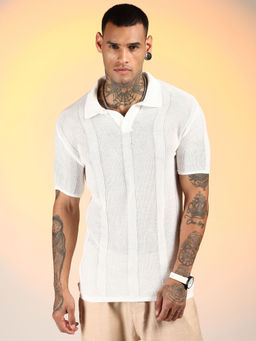 Campus Sutra - Men'S Chalk White Unbalanced-Knit Polo T-Shirt