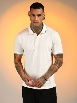 Campus Sutra - Men'S Chalk White Lined-Knit Polo T-Shirt