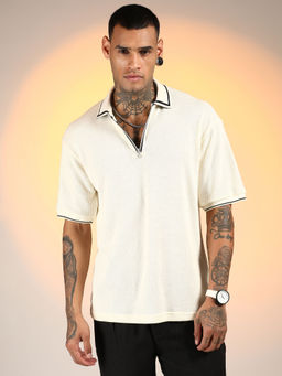 Campus Sutra - Men'S Daisy White Micro-Waffle Polo T-Shirt