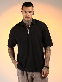 Campus Sutra - Men'S Onyx Black Micro-Waffle Polo T-Shirt