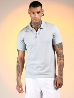 Campus Sutra - Men'S Icy Blue Ribbed Polo T-Shirt