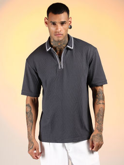 Campus Sutra - Men'S Charcoal Grey Micro-Waffle Polo T-Shirt