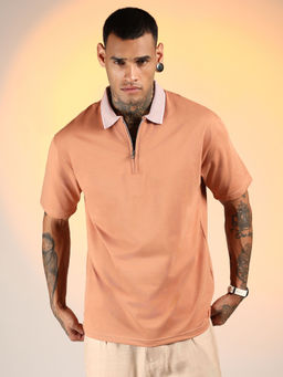 Campus Sutra - Men'S Cantalope Orange Solid Oversized Polo T-Shirt