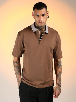 Campus Sutra - Men'S Chocolate Brown Solid Oversized Polo T-Shirt