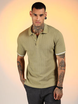 Campus Sutra - Men'S Olive Green Textured Polo T-Shirt
