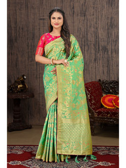 Monjolika Fashion - Parrot Green Color Banarasi Silk Blend Woven Trendy Saree with Unstitched Blouse