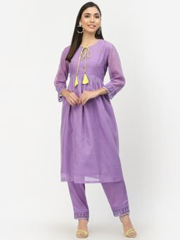 DART STUDIO - Hand Embroidered Chanderi Kurta and Pants - Purple (Set of 2)