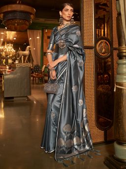 Akhilam - Womens Silk Blend Grey Woven Designer Saree with Unstitched Blouse
