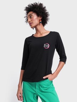 Bewakoof - Women's Black The Chosen Demon Graphic Printed 3/4 Sleeve Slim Fit T-shirt