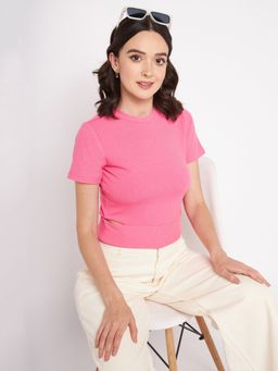 Madame - Pink Round Neck Half Sleeves Crop Tops