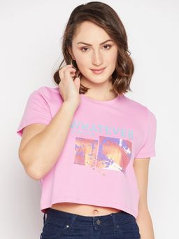 Madame - Pink Round Neck Half Sleeves Crop Tops
