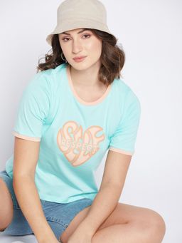 Madame - Aqua Round Neck Half Sleeves Crop Tops