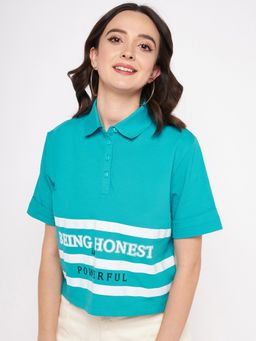 Madame - Turquoise Collar Neck Half Sleeves Crop Tops