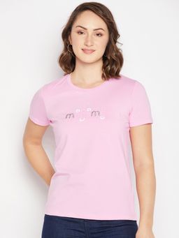 Madame - Pink Round Neck Half Sleeves Crop Tops